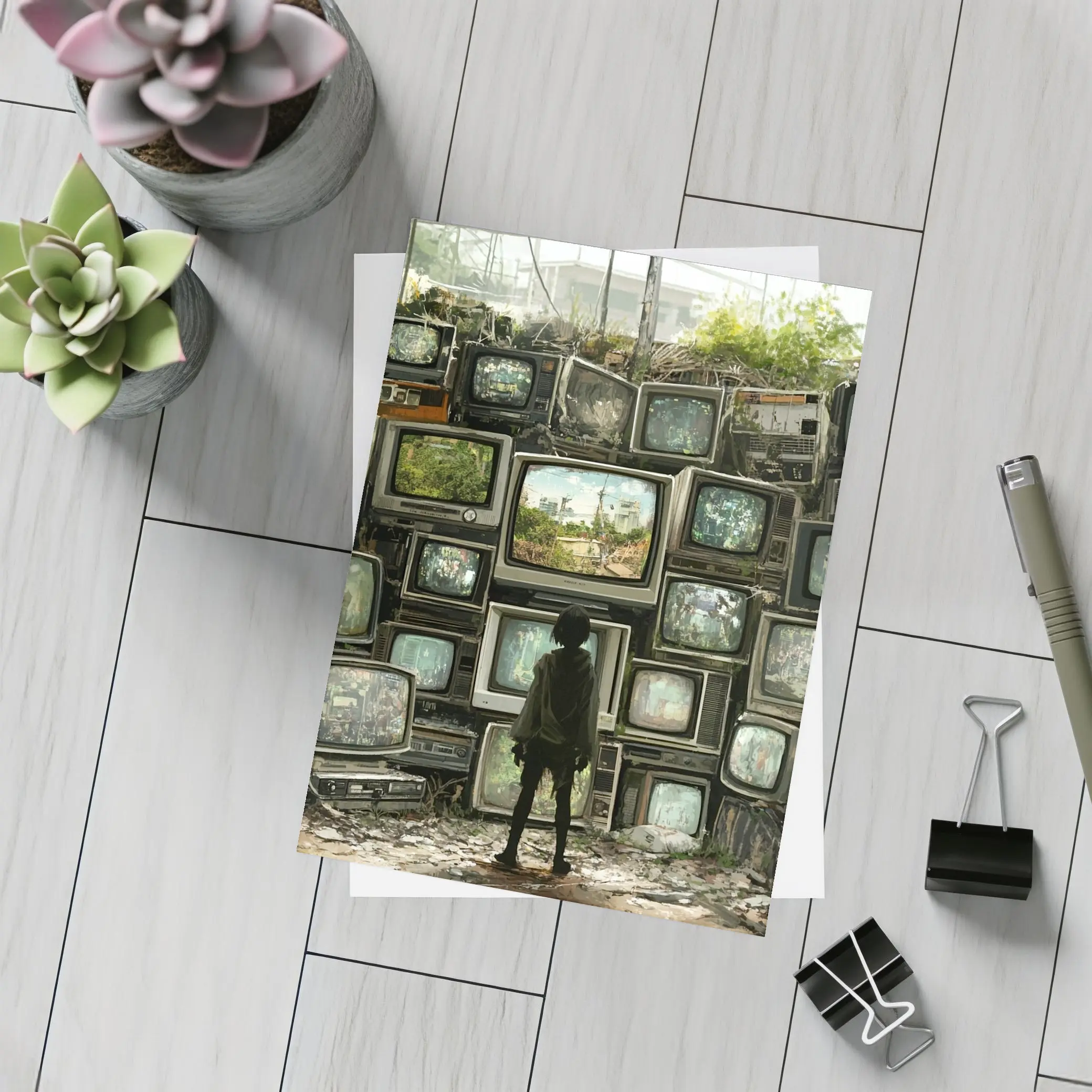 Child Standing Before Wall of Old Televisions – Postcards