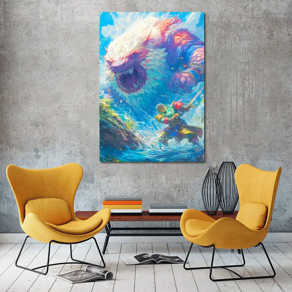 Fantasy Warrior Fighting Giant Monster Ocean – Wall Art