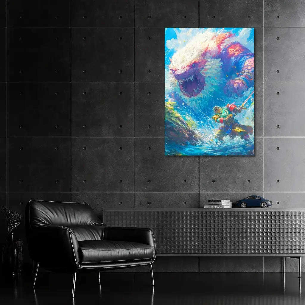 Fantasy Warrior Fighting Giant Monster Ocean – Wall Art