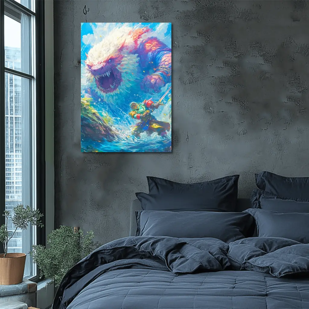 Fantasy Warrior Fighting Giant Monster Ocean – Wall Art