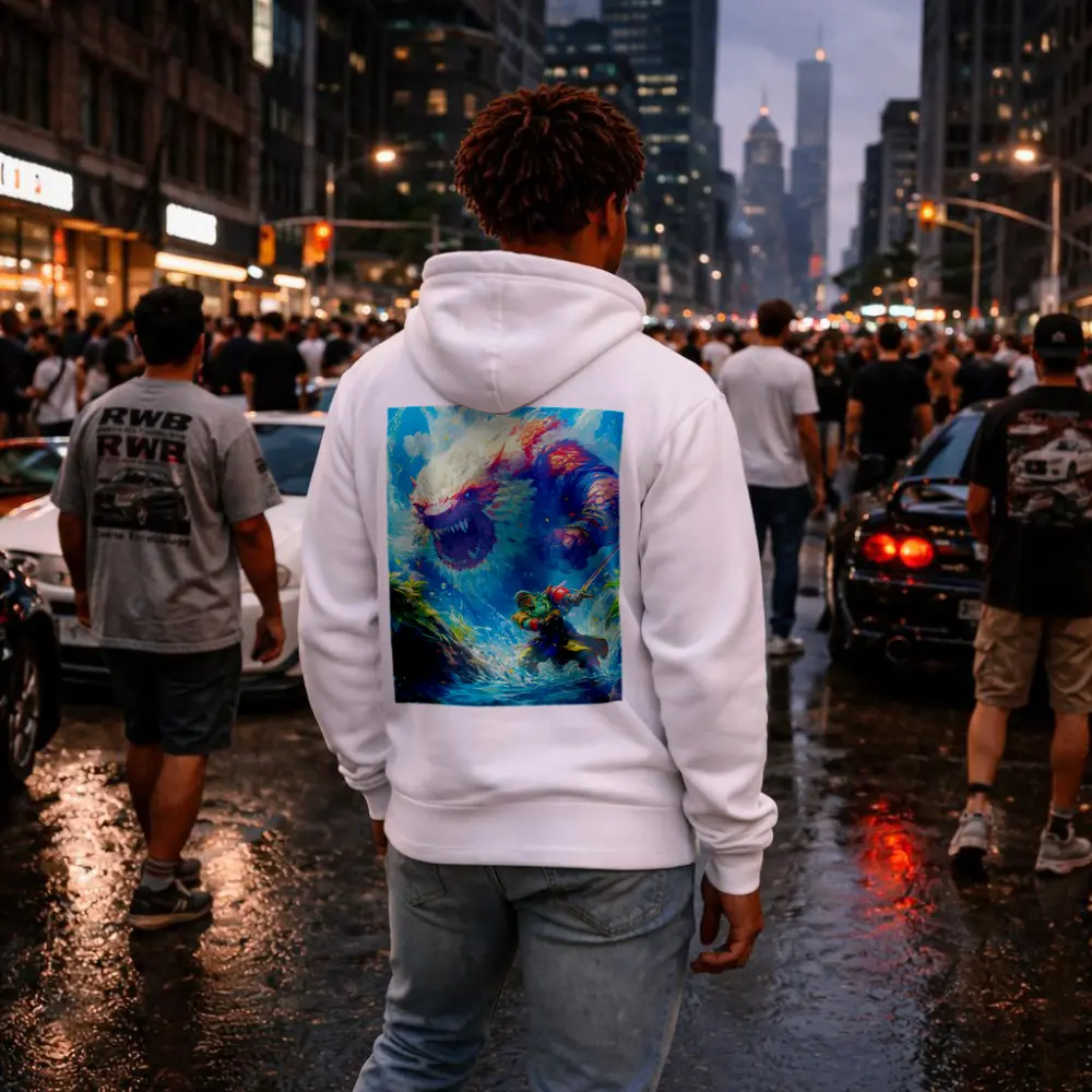 Fantasy Warrior Fighting Giant Monster Ocean – Hoodies