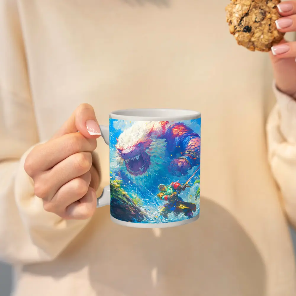 Fantasy Warrior Fighting Giant Monster Ocean – Mugs