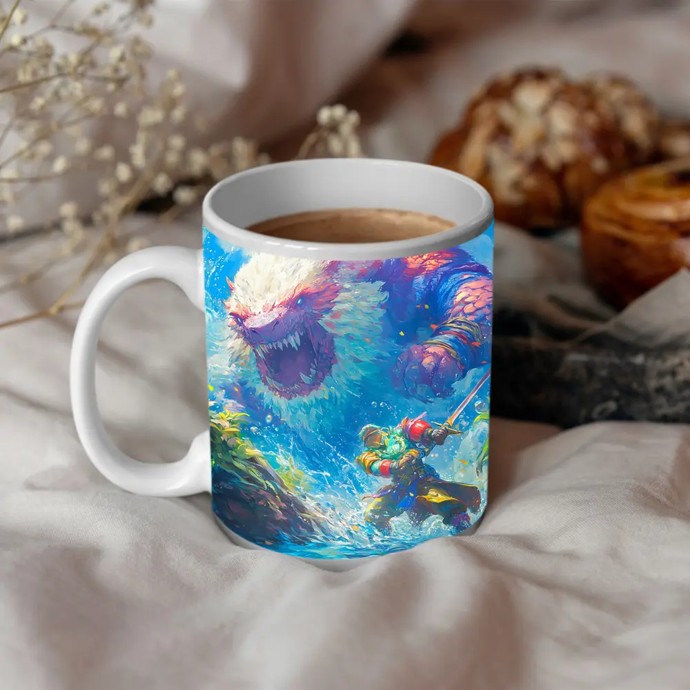 Fantasy Warrior Fighting Giant Monster Ocean – Mugs