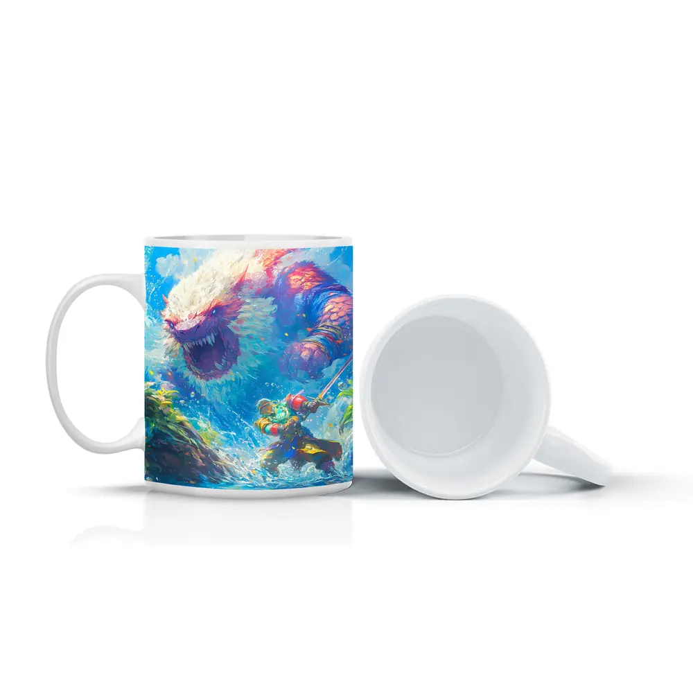 Fantasy Warrior Fighting Giant Monster Ocean – Mugs
