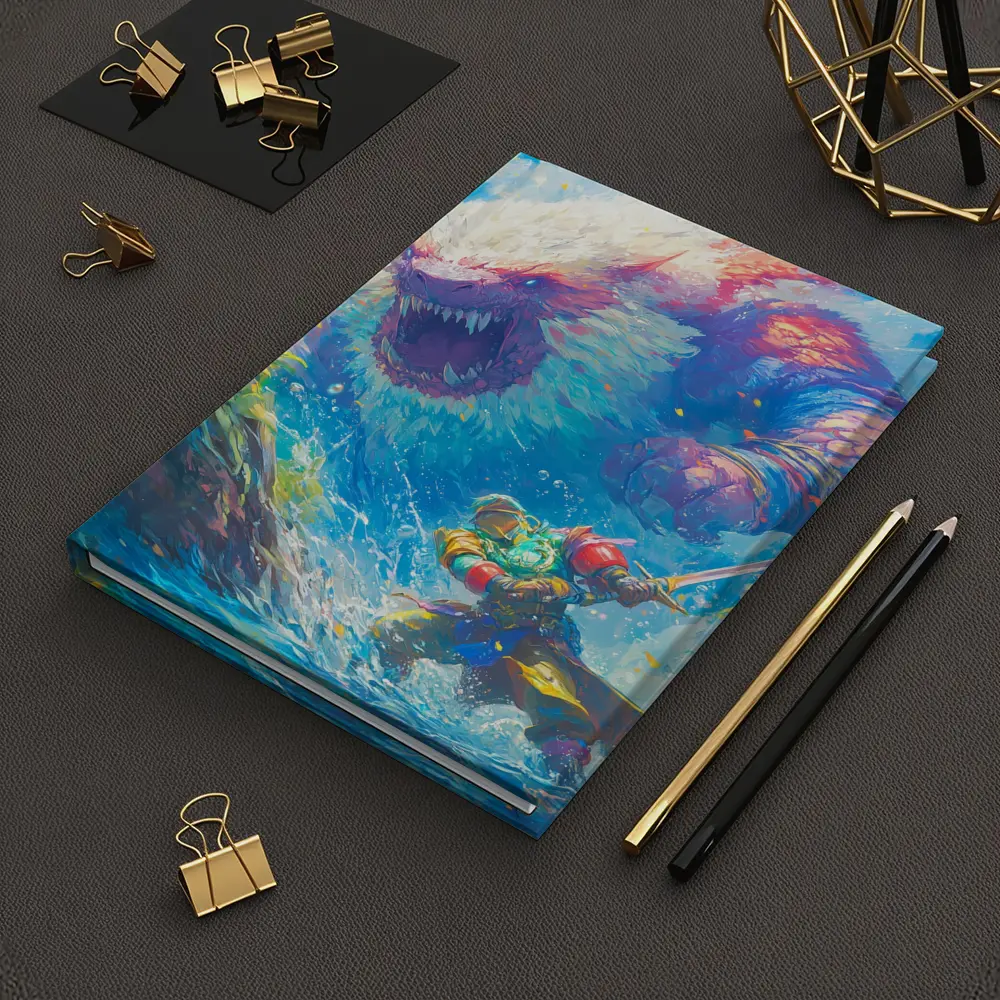 Fantasy Warrior Fighting Giant Monster Ocean – Notebooks