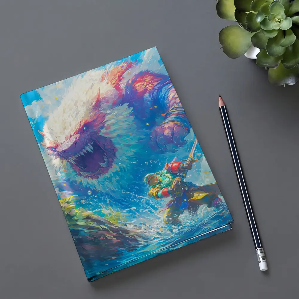 Fantasy Warrior Fighting Giant Monster Ocean – Notebooks