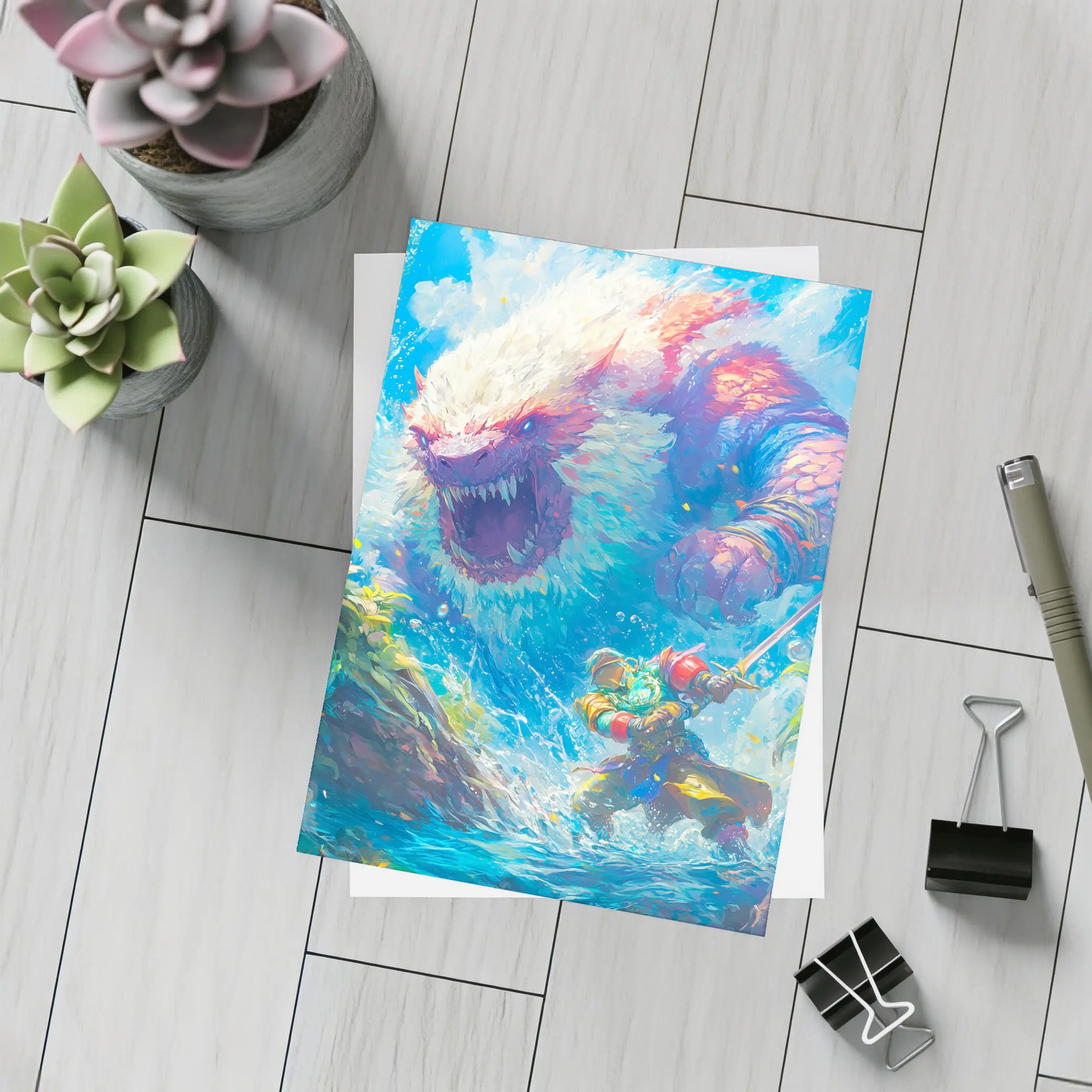 Fantasy Warrior Fighting Giant Monster Ocean – Postcards