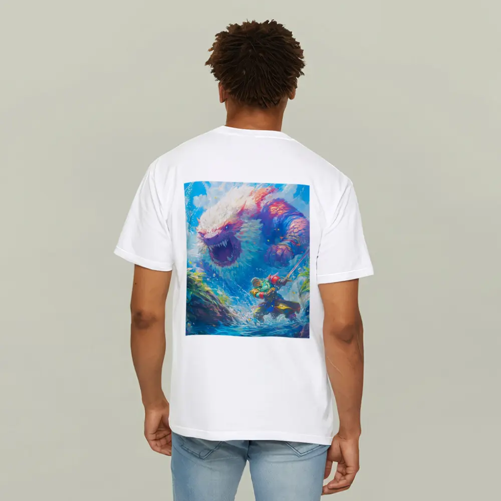 Fantasy Warrior Fighting Giant Monster Ocean – T-Shirts