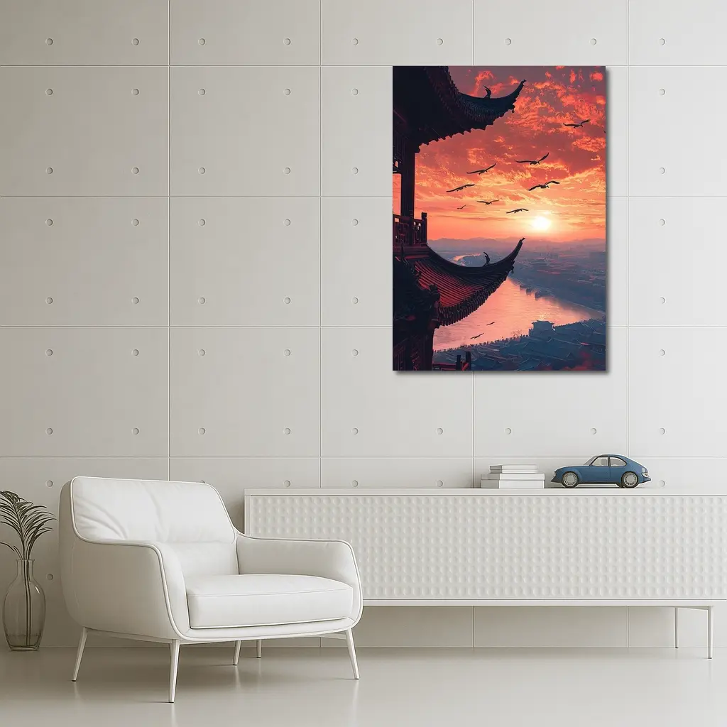 Chinese Pagoda Sunset Birds Flying Sky – Wall Art