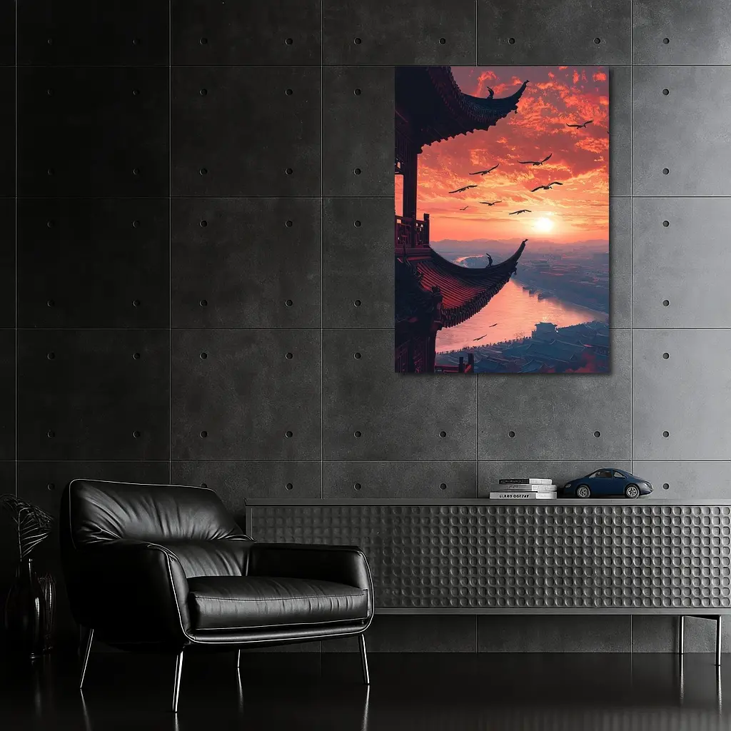 Chinese Pagoda Sunset Birds Flying Sky – Wall Art