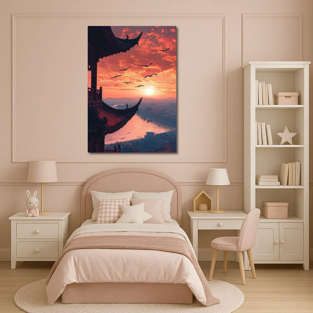 Chinese Pagoda Sunset Birds Flying Sky – Wall Art