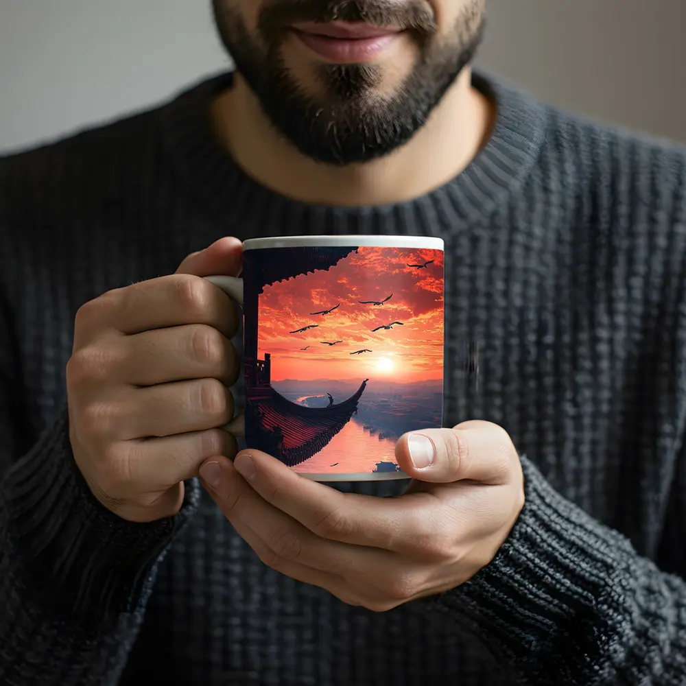 Chinese Pagoda Sunset Birds Flying Sky – Mugs