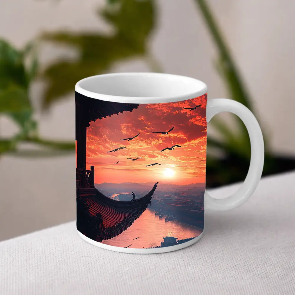 Chinese Pagoda Sunset Birds Flying Sky – Mugs