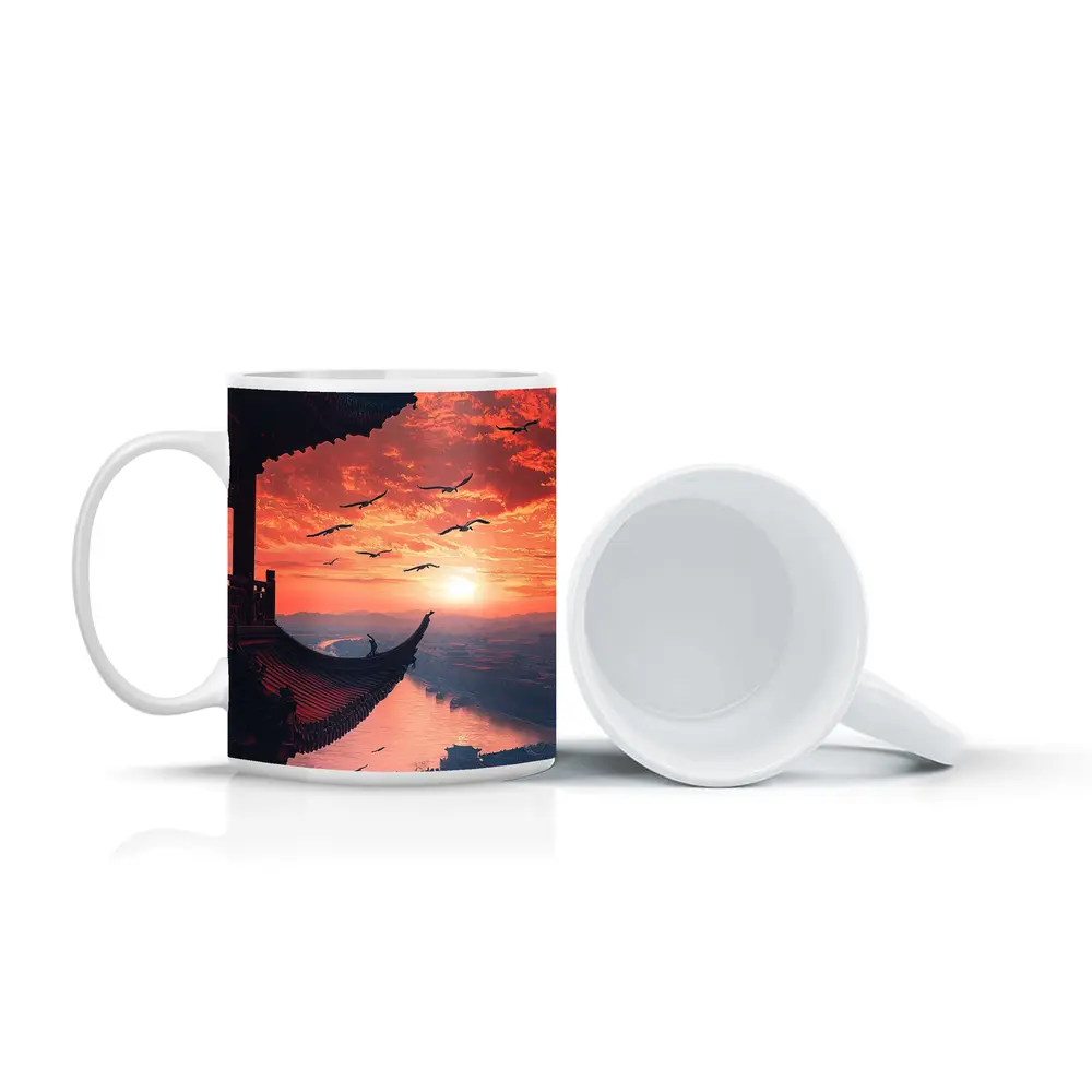 Chinese Pagoda Sunset Birds Flying Sky – Mugs