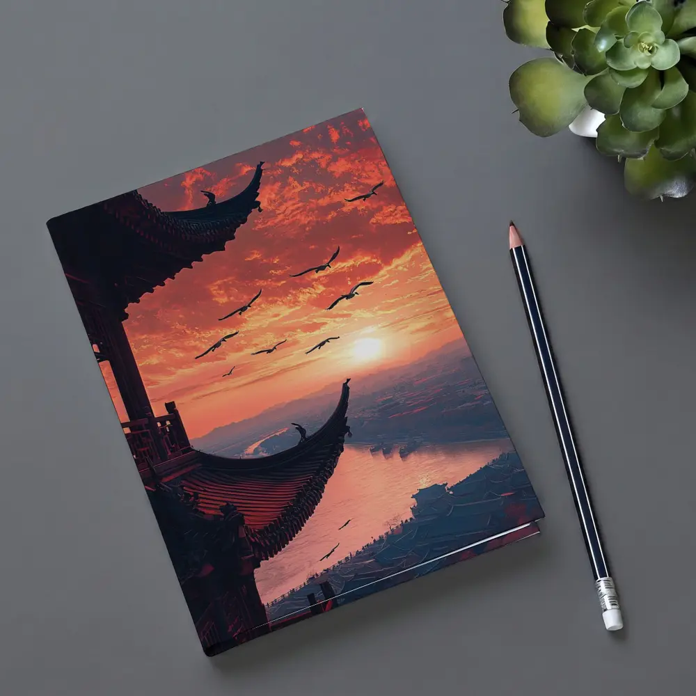 Chinese Pagoda Sunset Birds Flying Sky – Notebooks