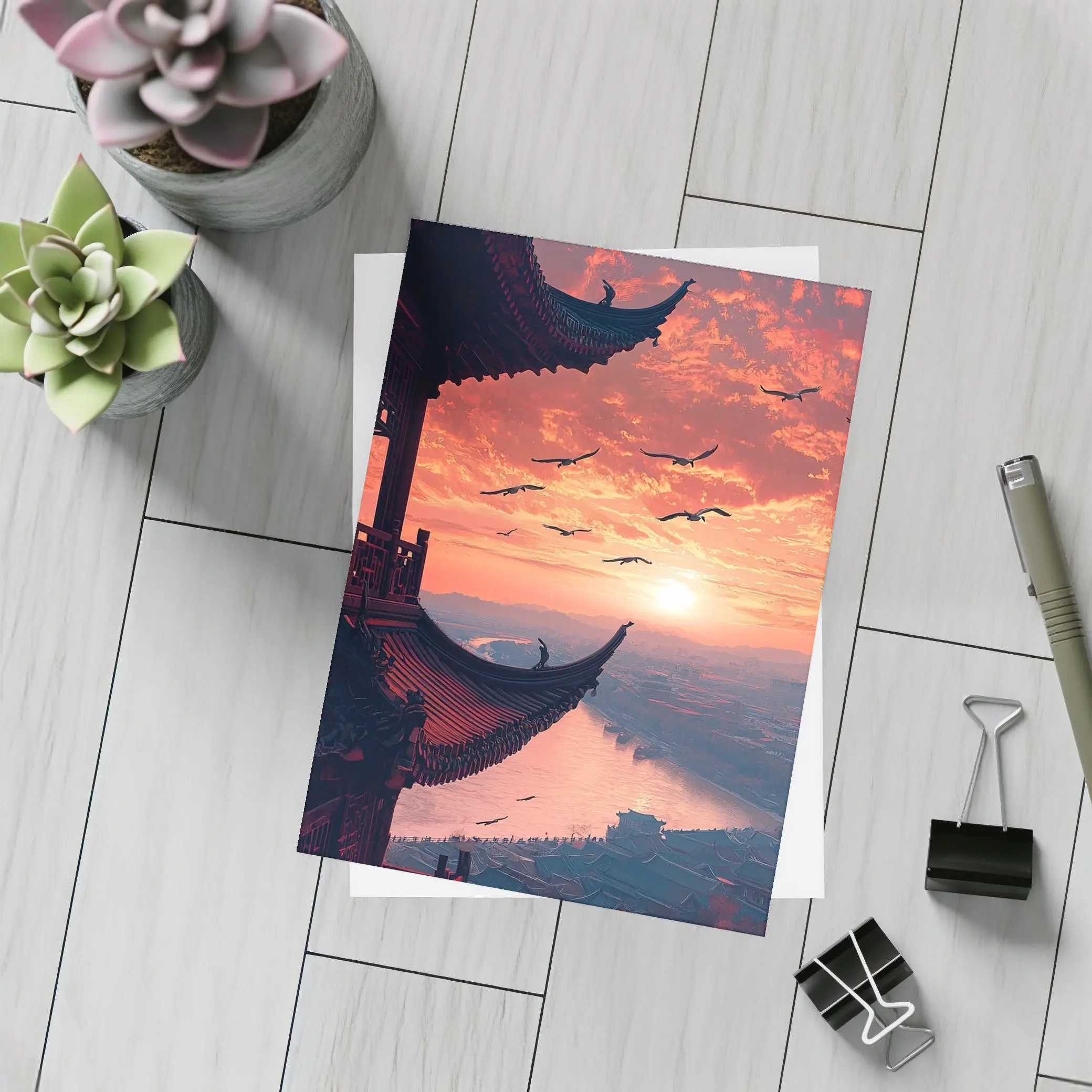 Chinese Pagoda Sunset Birds Flying Sky – Postcards
