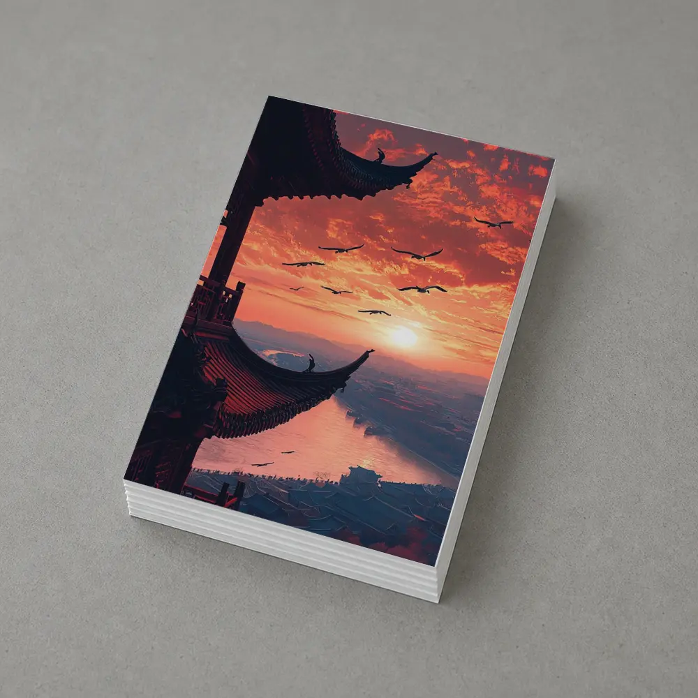 Chinese Pagoda Sunset Birds Flying Sky – Postcards