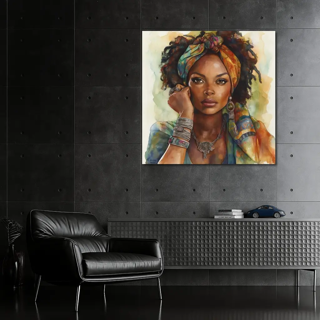 Boho African Woman Watercolor Portrait Art – Wall Art