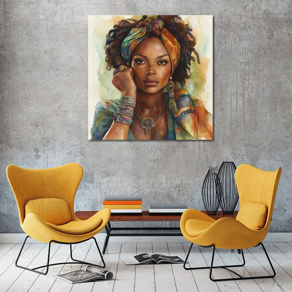 Boho African Woman Watercolor Portrait Art – Wall Art