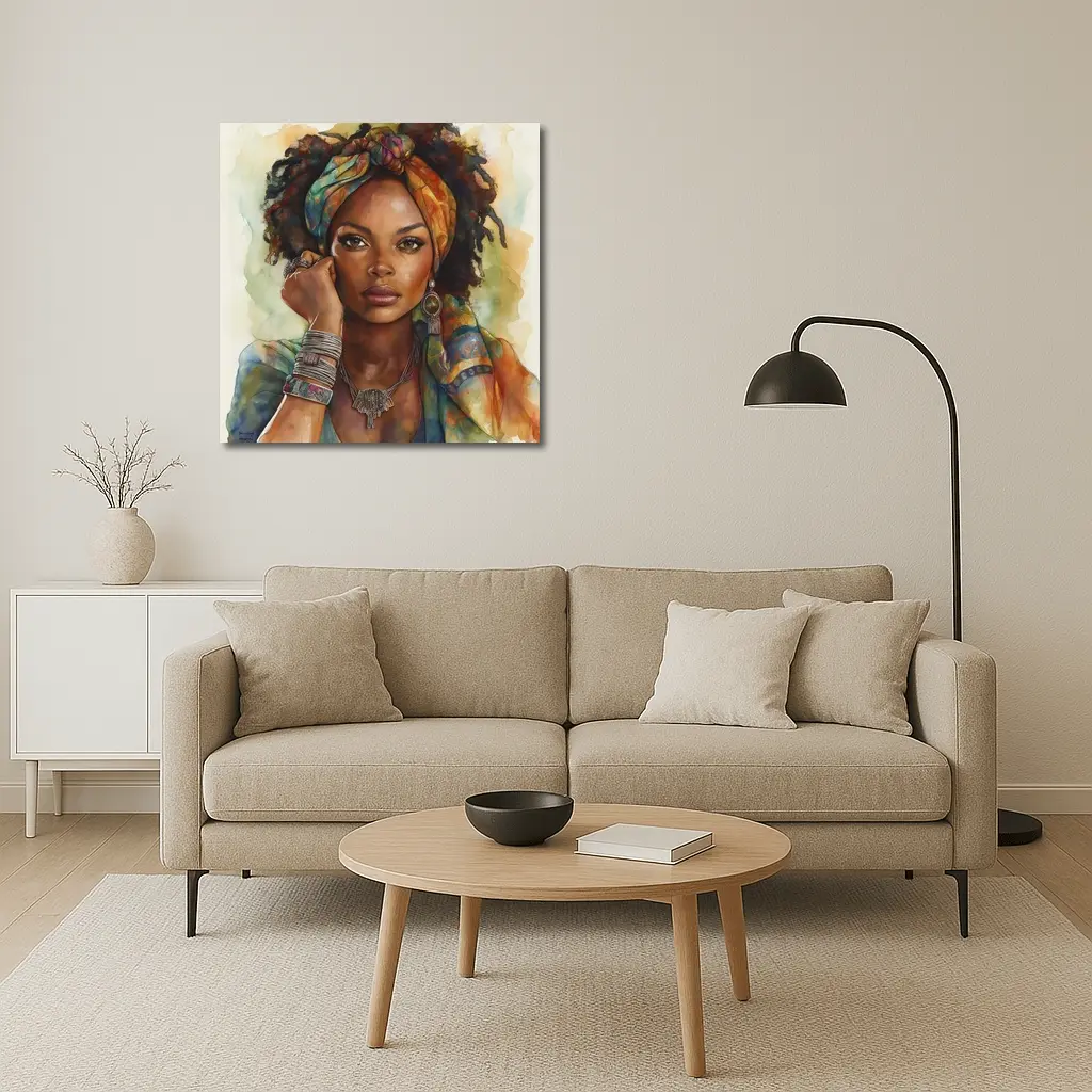 Boho African Woman Watercolor Portrait Art – Wall Art