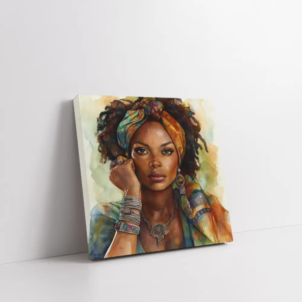 Boho African Woman Watercolor Portrait Art – Wall Art