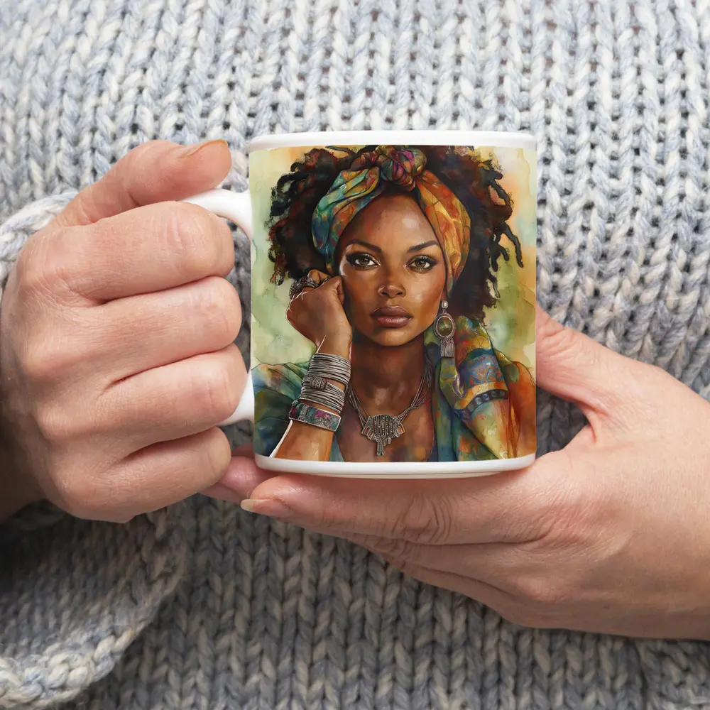 Boho African Woman Watercolor Portrait Art – Mugs