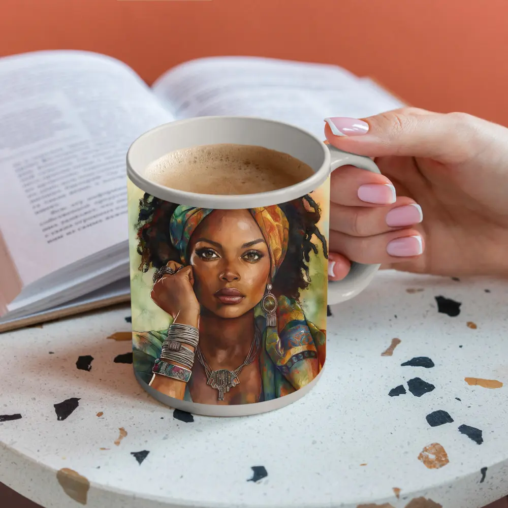 Boho African Woman Watercolor Portrait Art – Mugs
