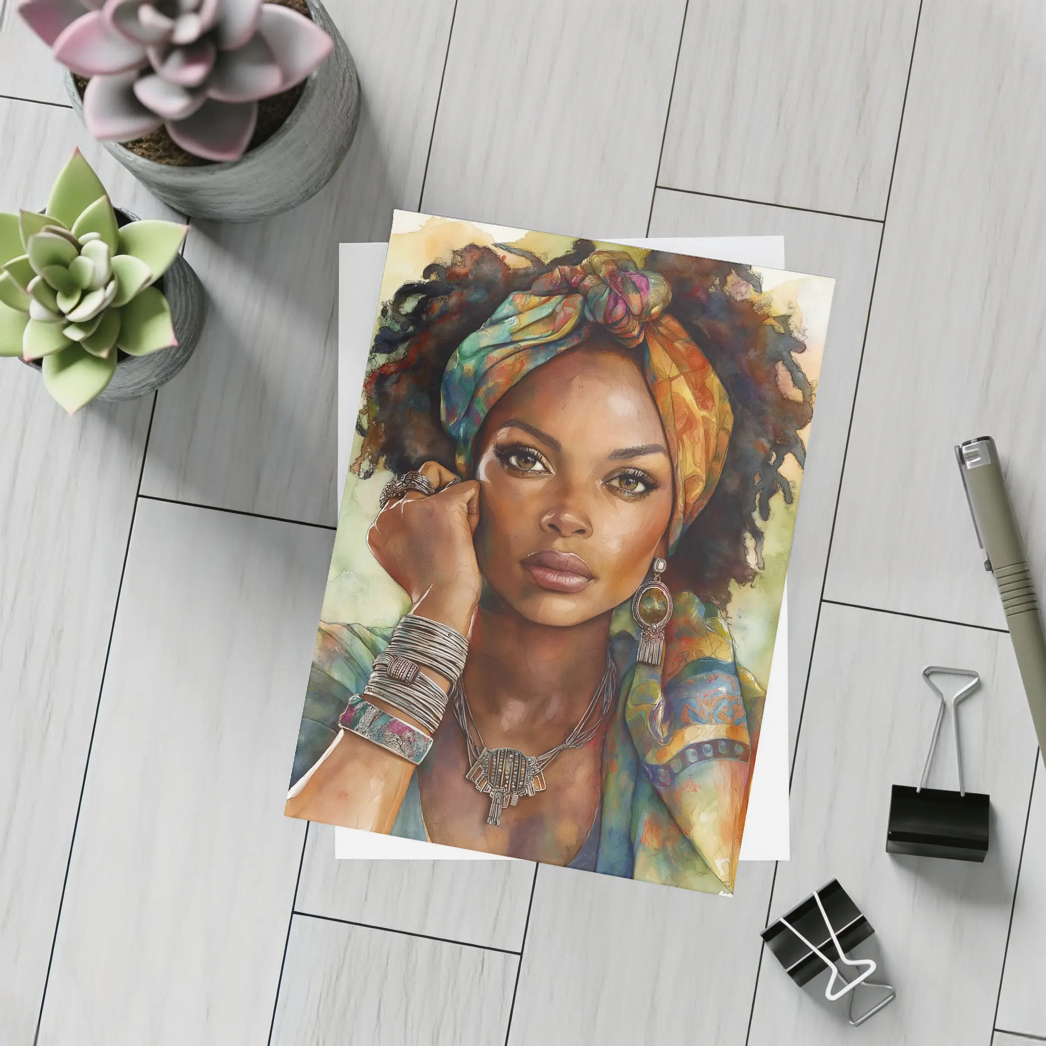 Boho African Woman Watercolor Portrait Art – Postcards