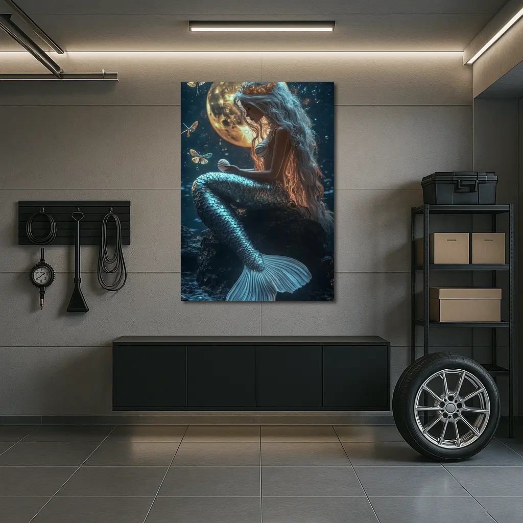 Mermaid Sitting by Full Moon Night – Wall Art