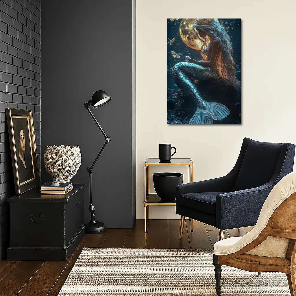 Mermaid Sitting by Full Moon Night – Wall Art