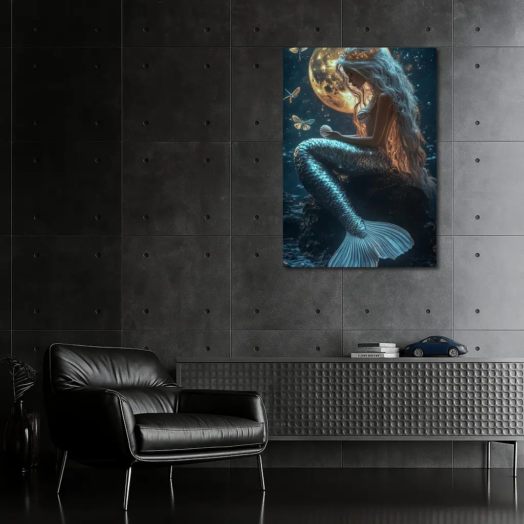 Mermaid Sitting by Full Moon Night – Wall Art