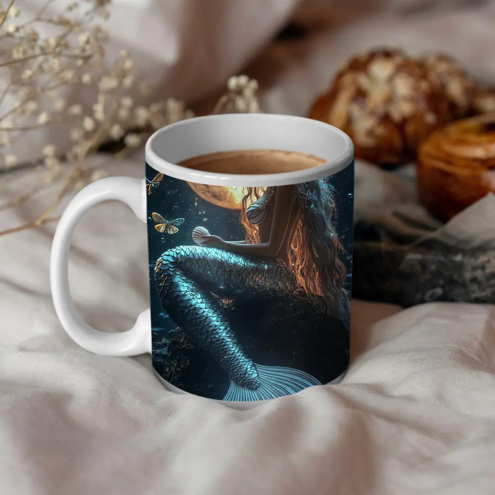 Mermaid Sitting by Full Moon Night – Mugs