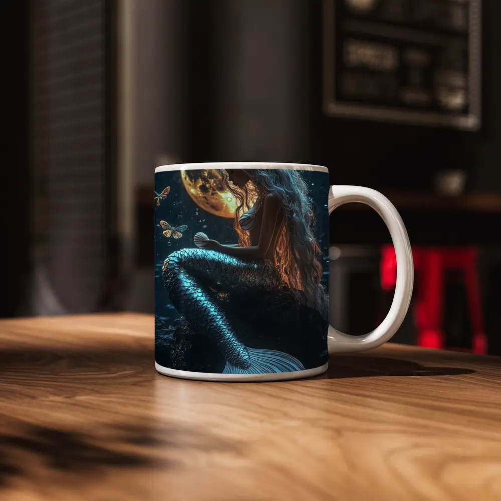 Mermaid Sitting by Full Moon Night – Mugs