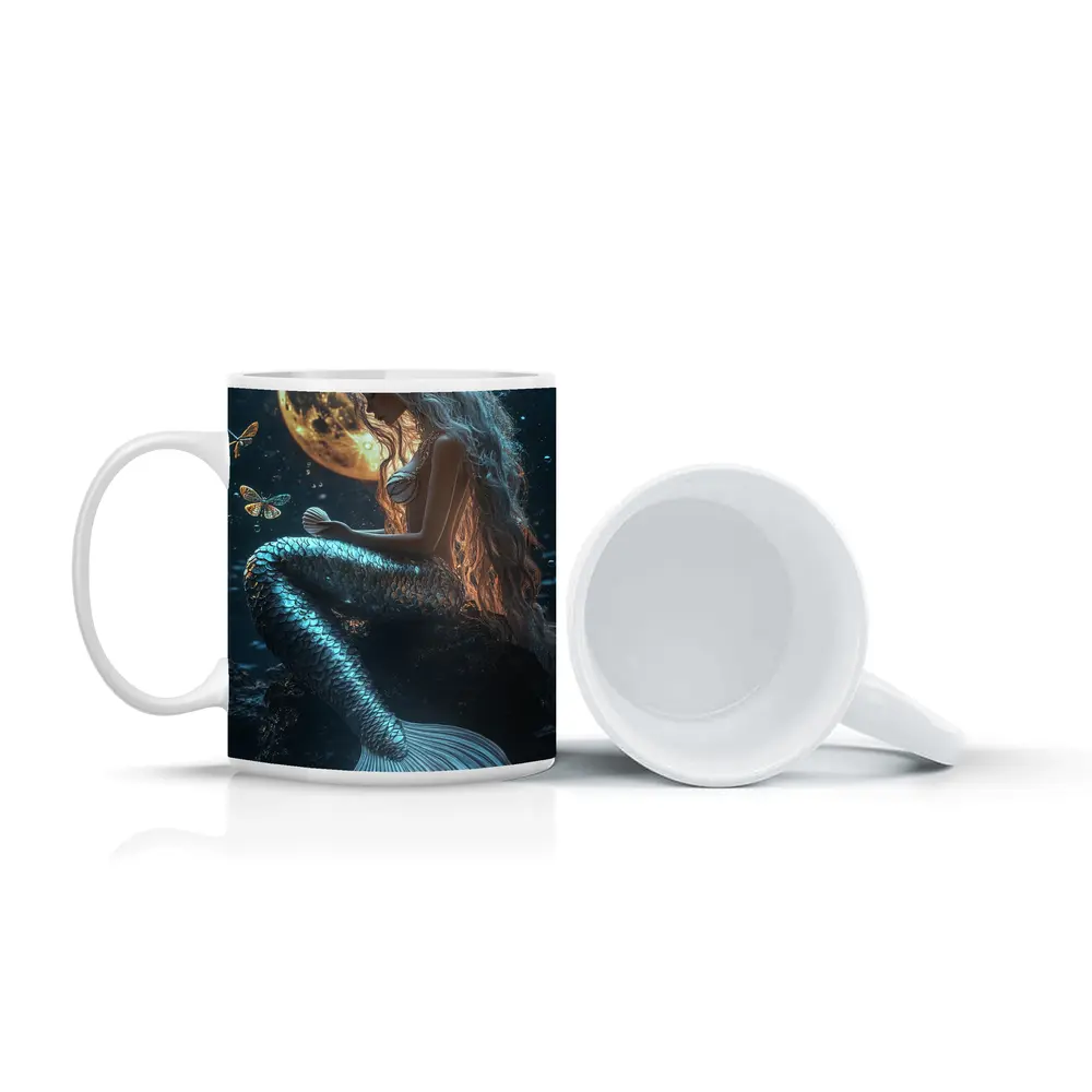 Mermaid Sitting by Full Moon Night – Mugs