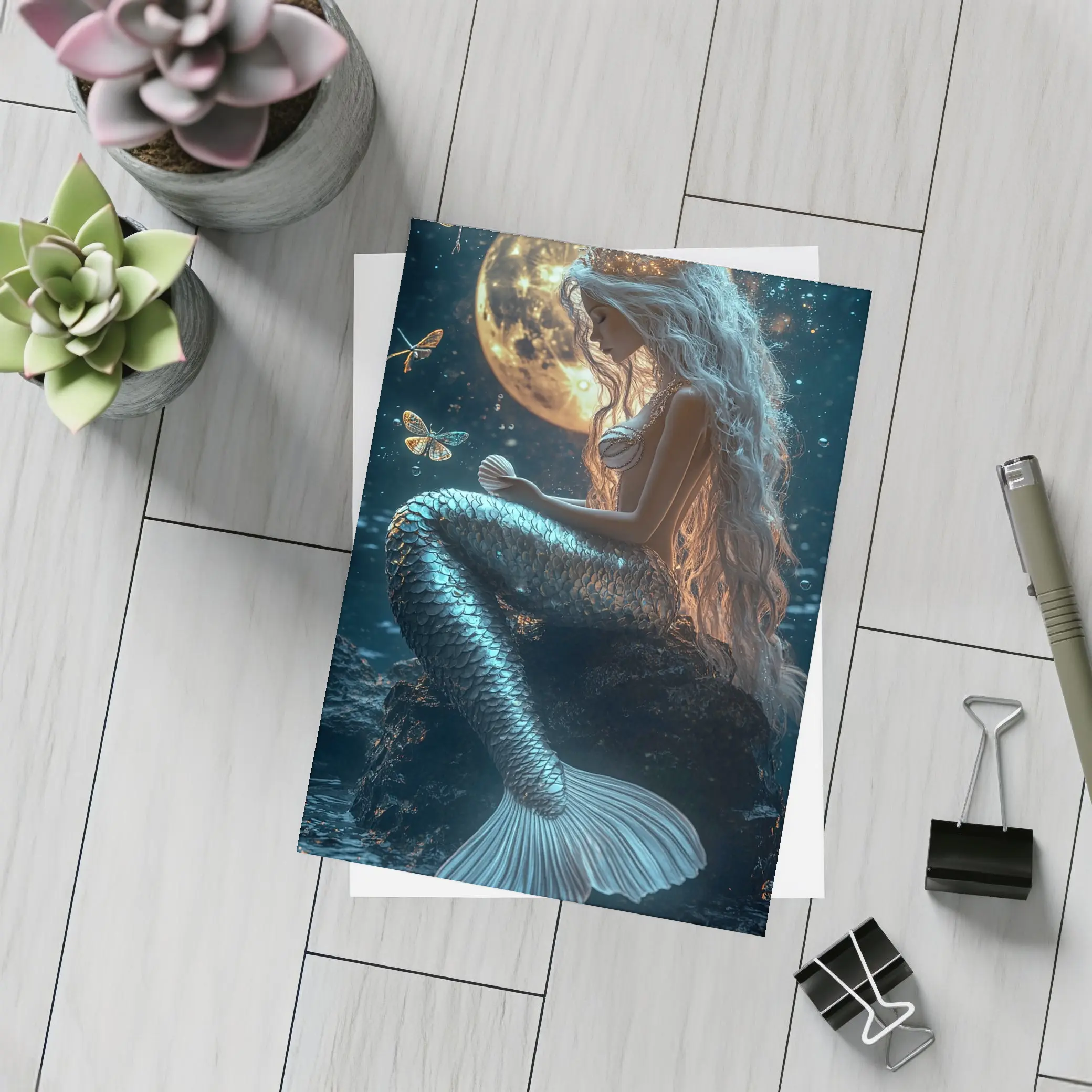 Mermaid Sitting by Full Moon Night – Postcards