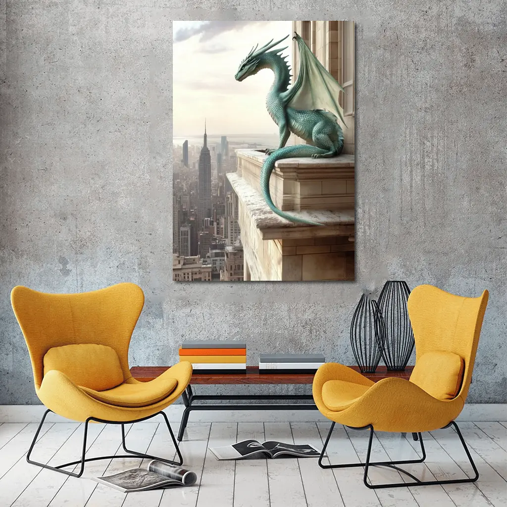 Green Dragon Perched On City Building – Wall Art