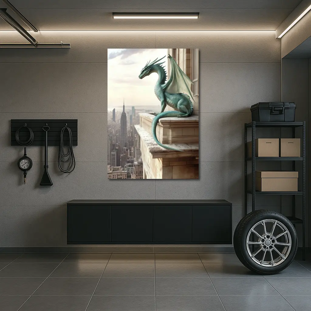 Green Dragon Perched On City Building – Wall Art