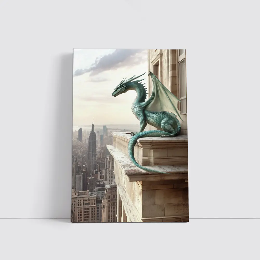Green Dragon Perched On City Building – Wall Art