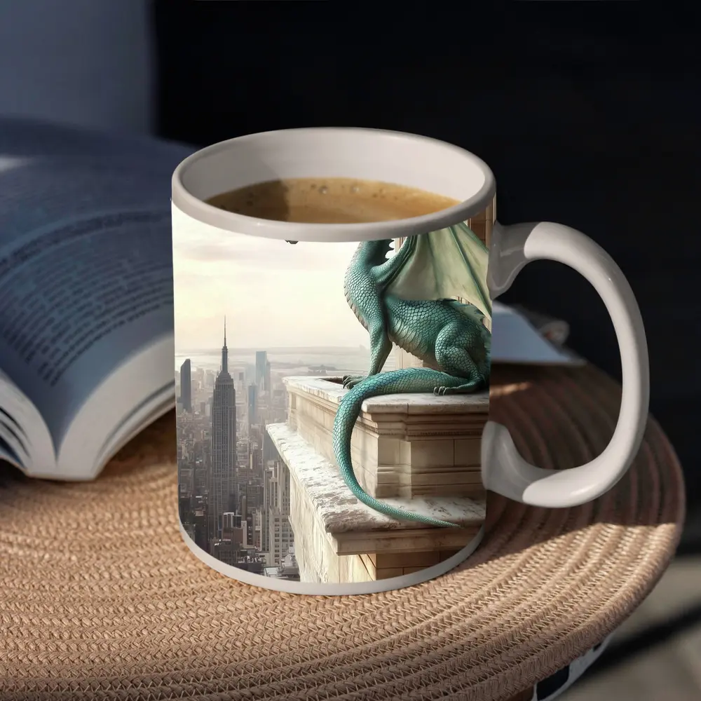 Green Dragon Perched On City Building – Mugs