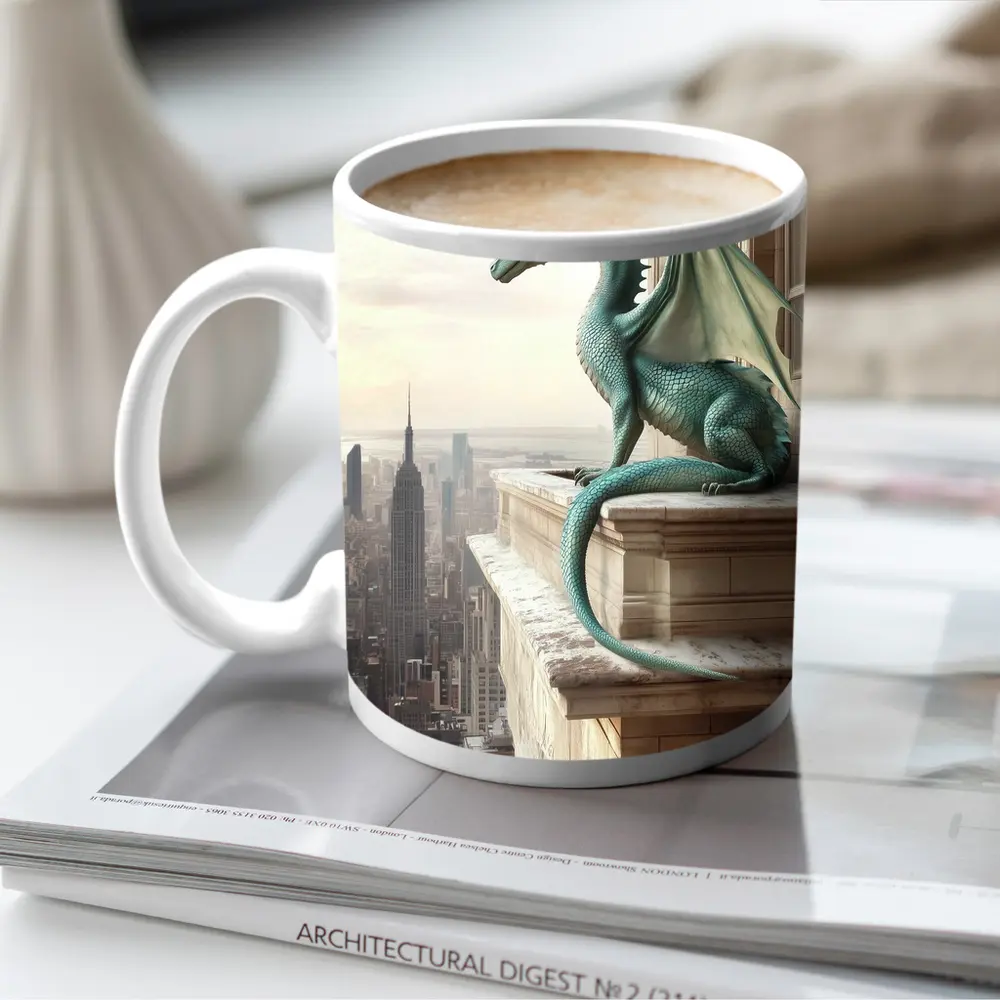 Green Dragon Perched On City Building – Mugs