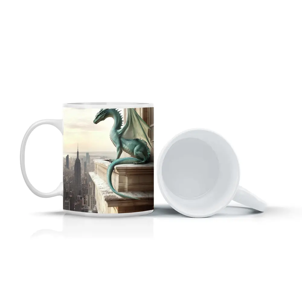 Green Dragon Perched On City Building – Mugs