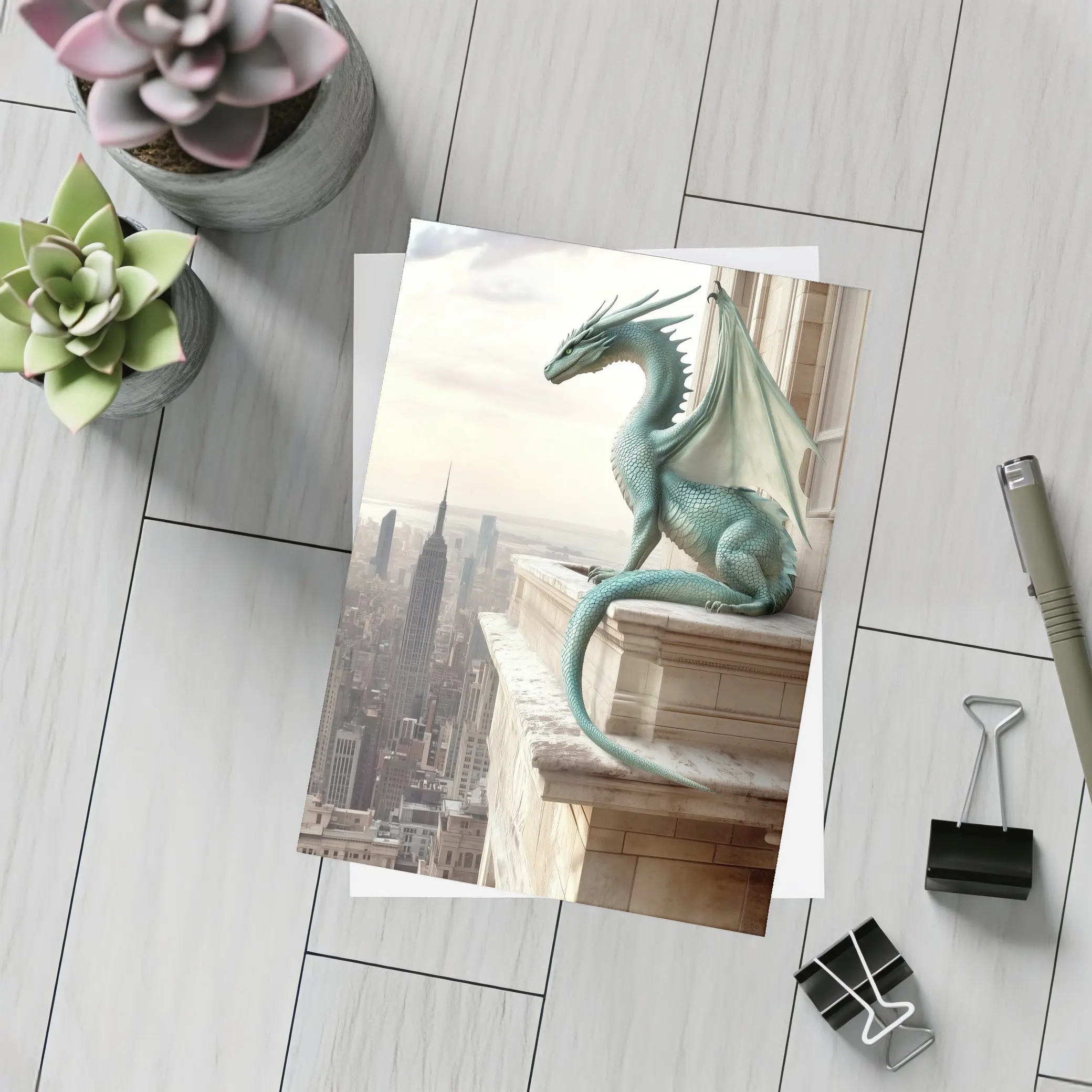 Green Dragon Perched On City Building – Postcards
