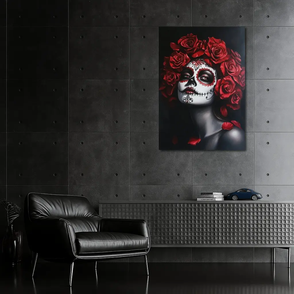 Sugar Skull Woman Red Roses Dark Background – Wall Art