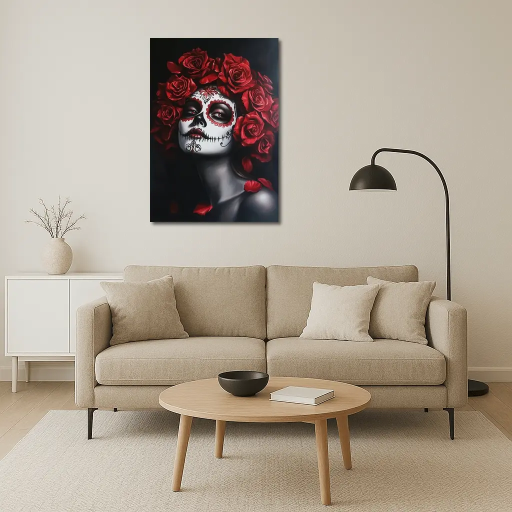 Sugar Skull Woman Red Roses Dark Background – Wall Art