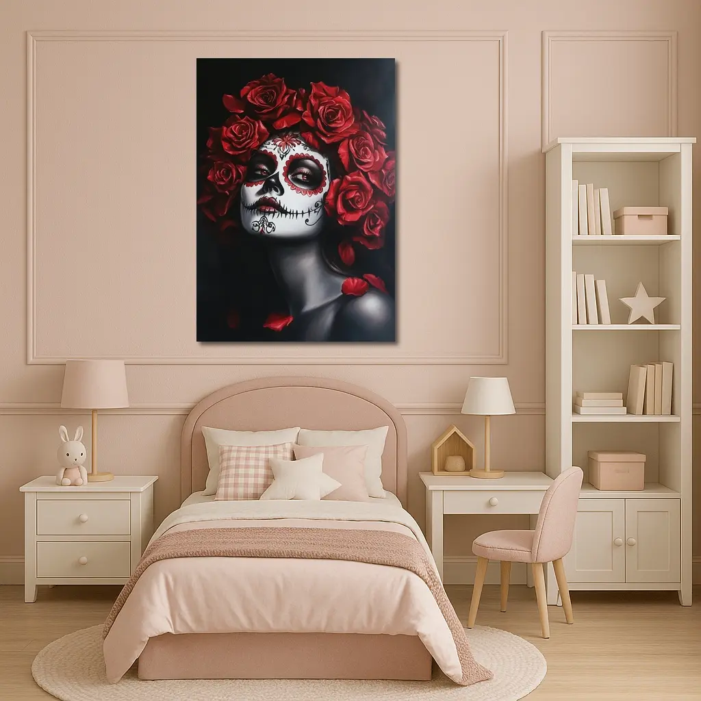 Sugar Skull Woman Red Roses Dark Background – Wall Art