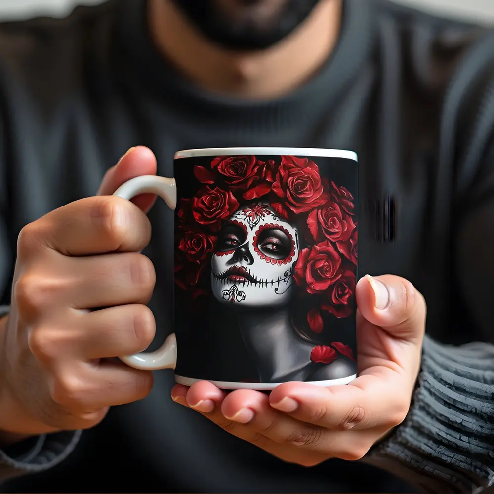 Sugar Skull Woman Red Roses Dark Background – Mugs