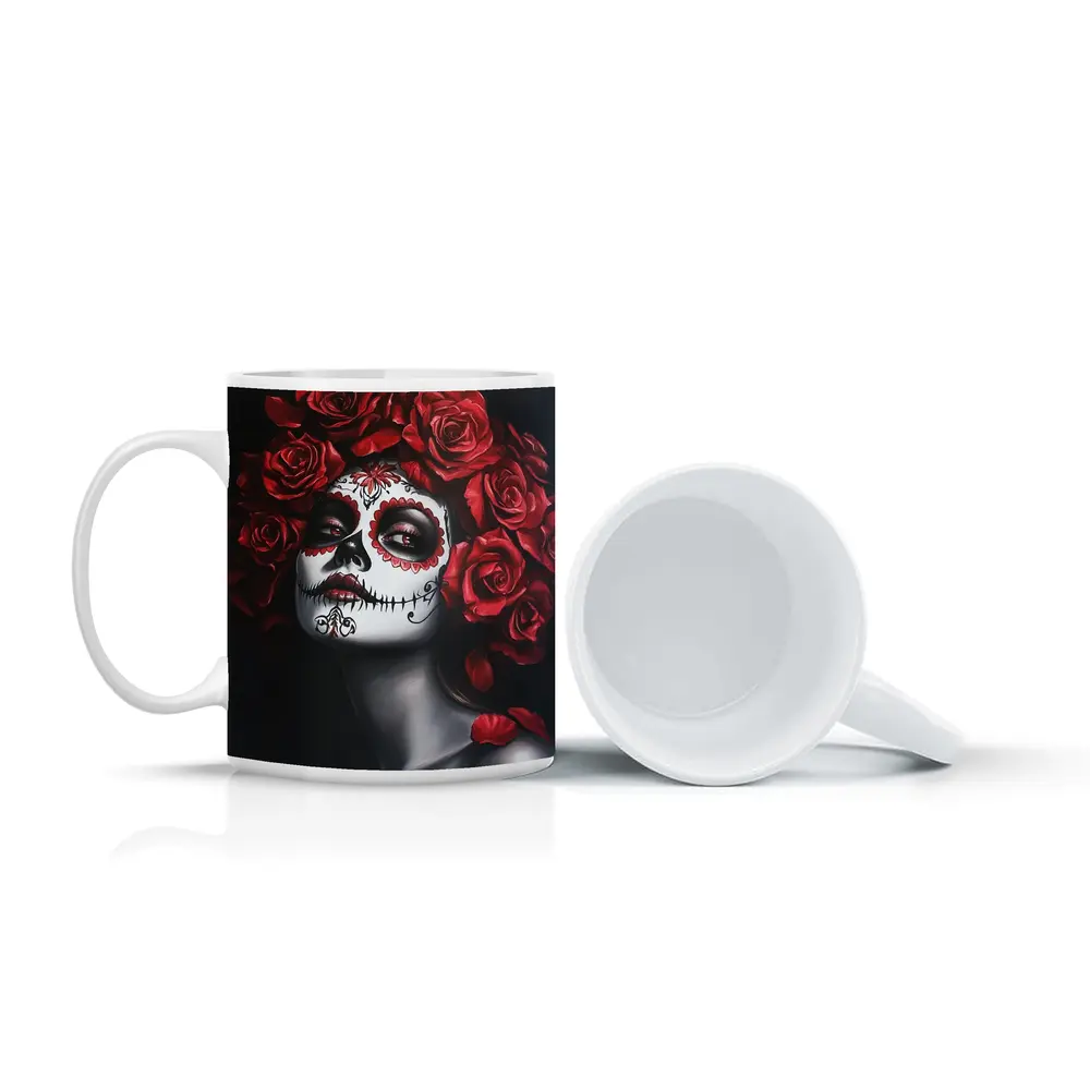 Sugar Skull Woman Red Roses Dark Background – Mugs