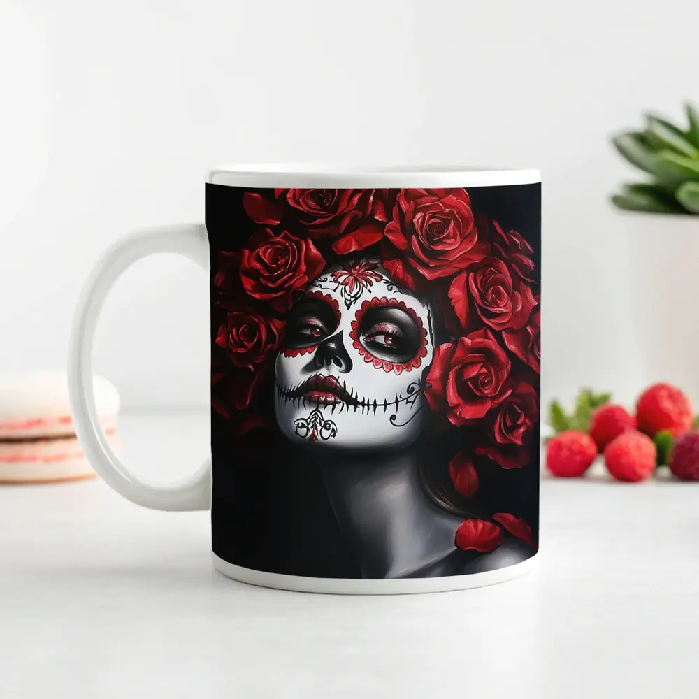 Sugar Skull Woman Red Roses Dark Background – Mugs