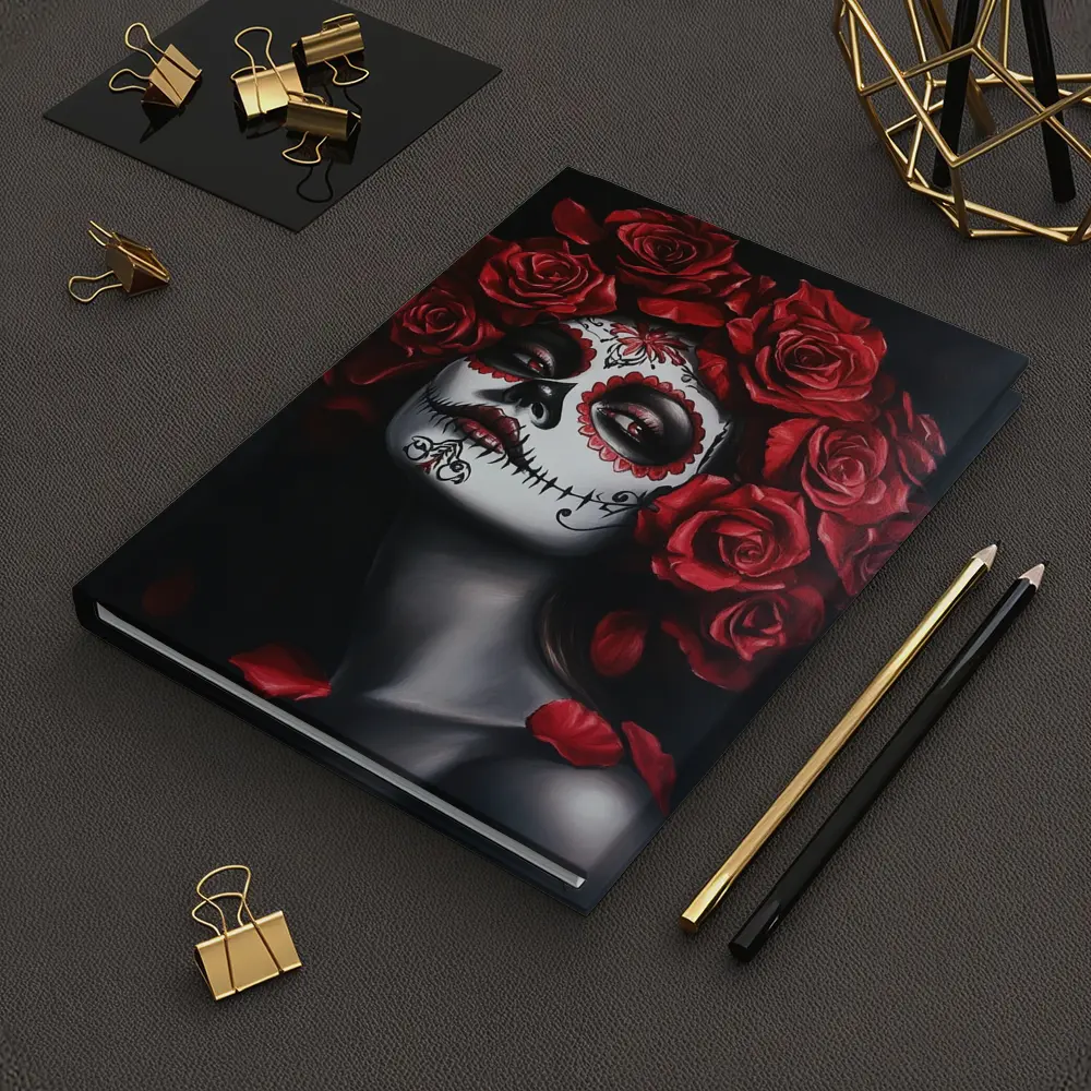 Sugar Skull Woman Red Roses Dark Background – Notebooks