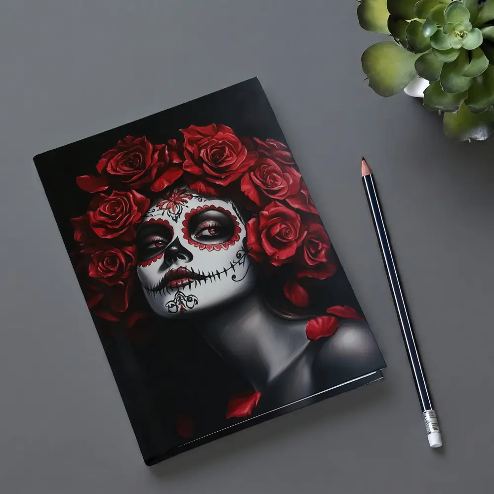 Sugar Skull Woman Red Roses Dark Background – Notebooks